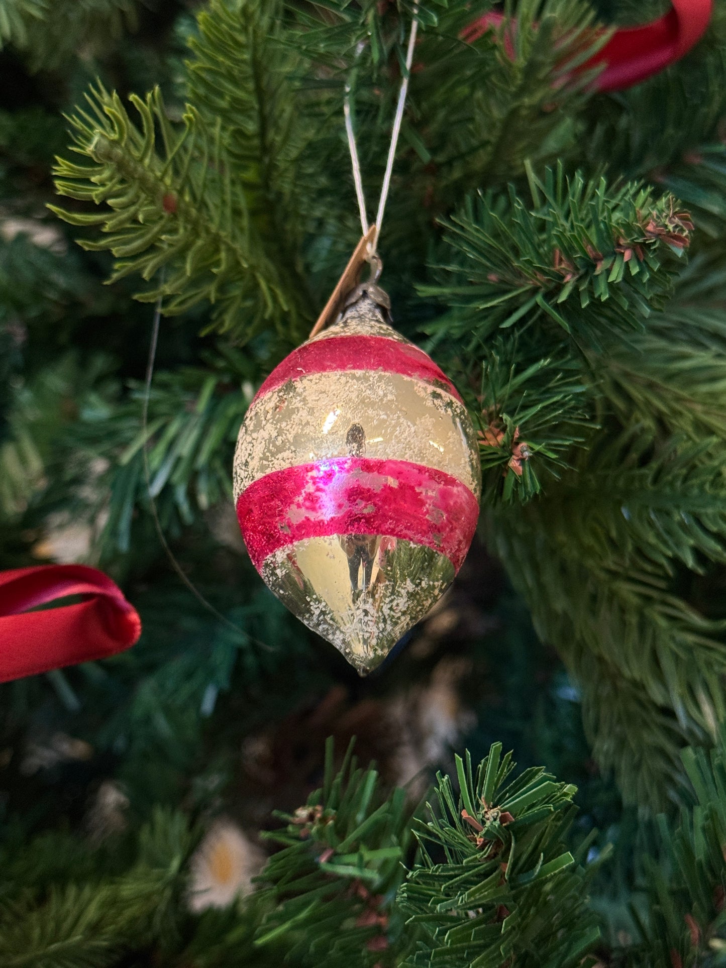 Vintage kerstbal zilveren/roze pegel mondgeblazen