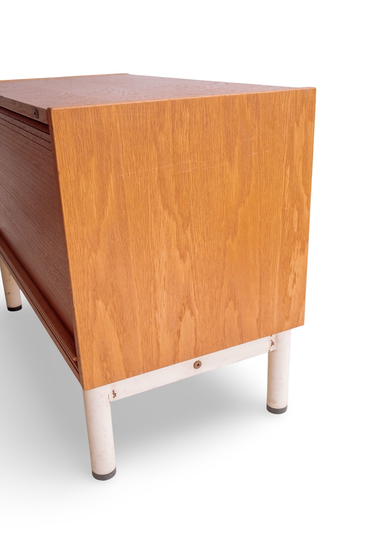 Vintage roldeur kastje met wit stalen onderstel