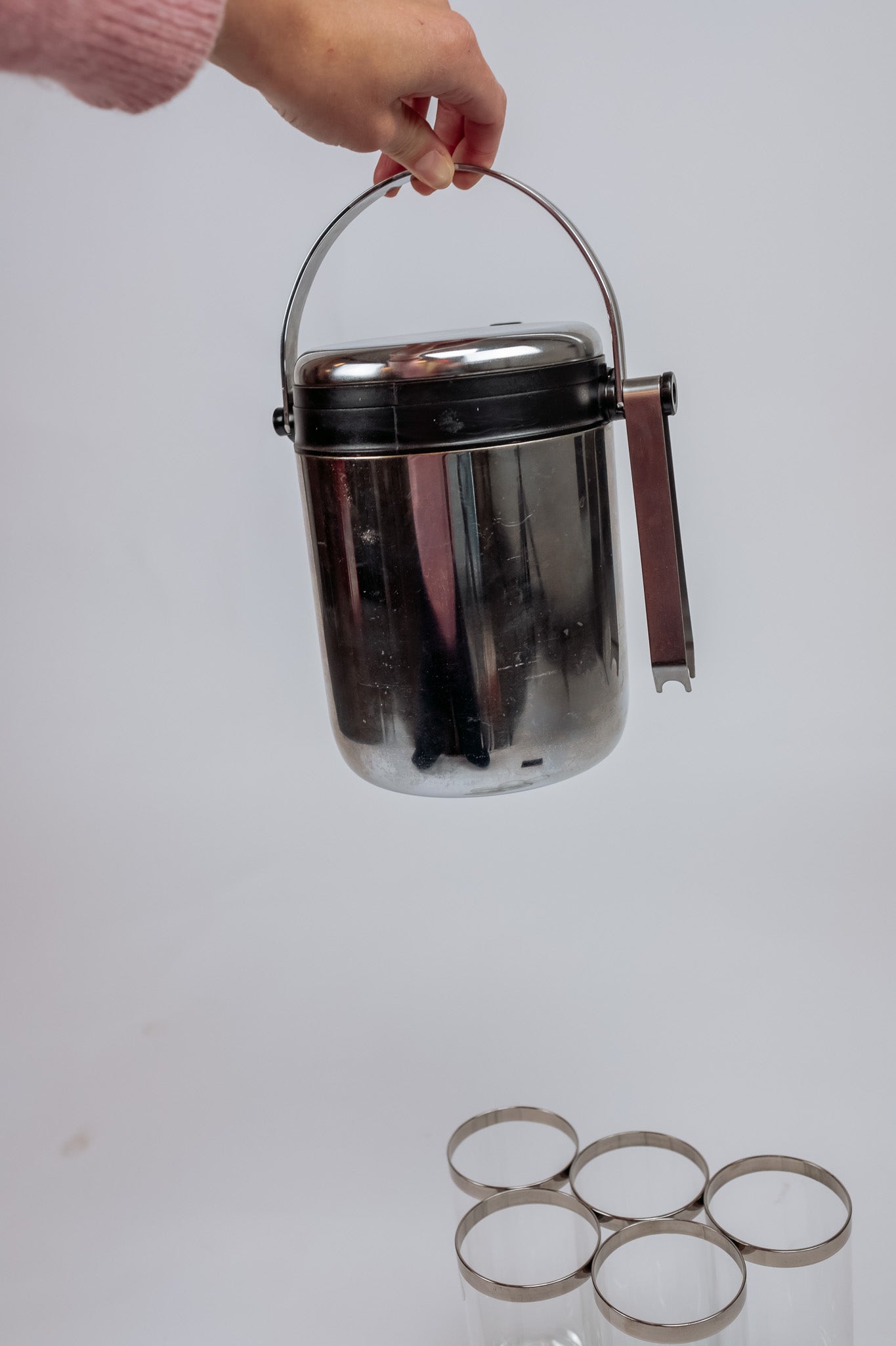 Set of 5 long drink cocktail glasses with matching ice bucket.