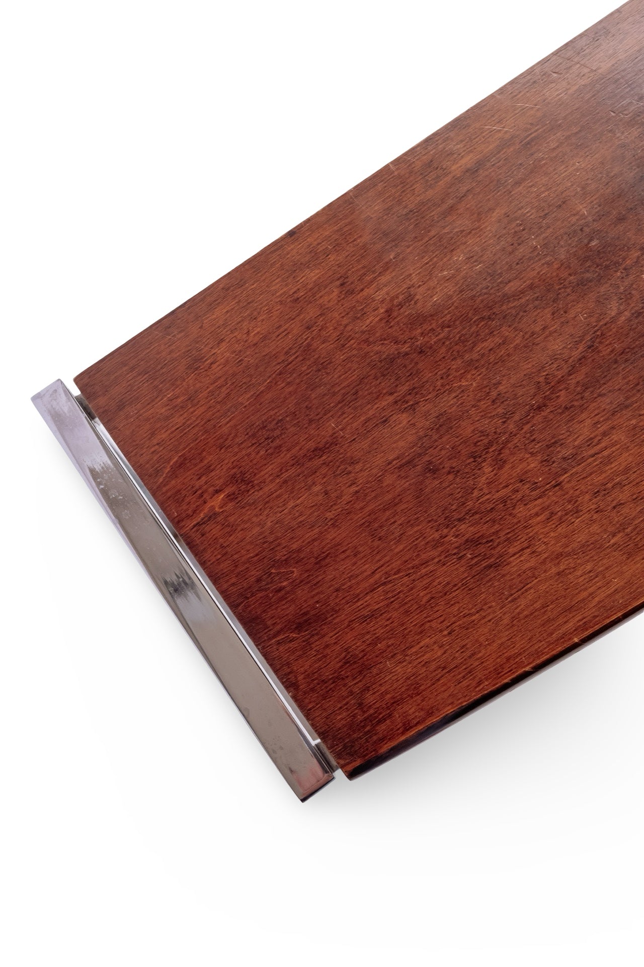 Vintage sidetable met chromen frame en zwevend houten blad