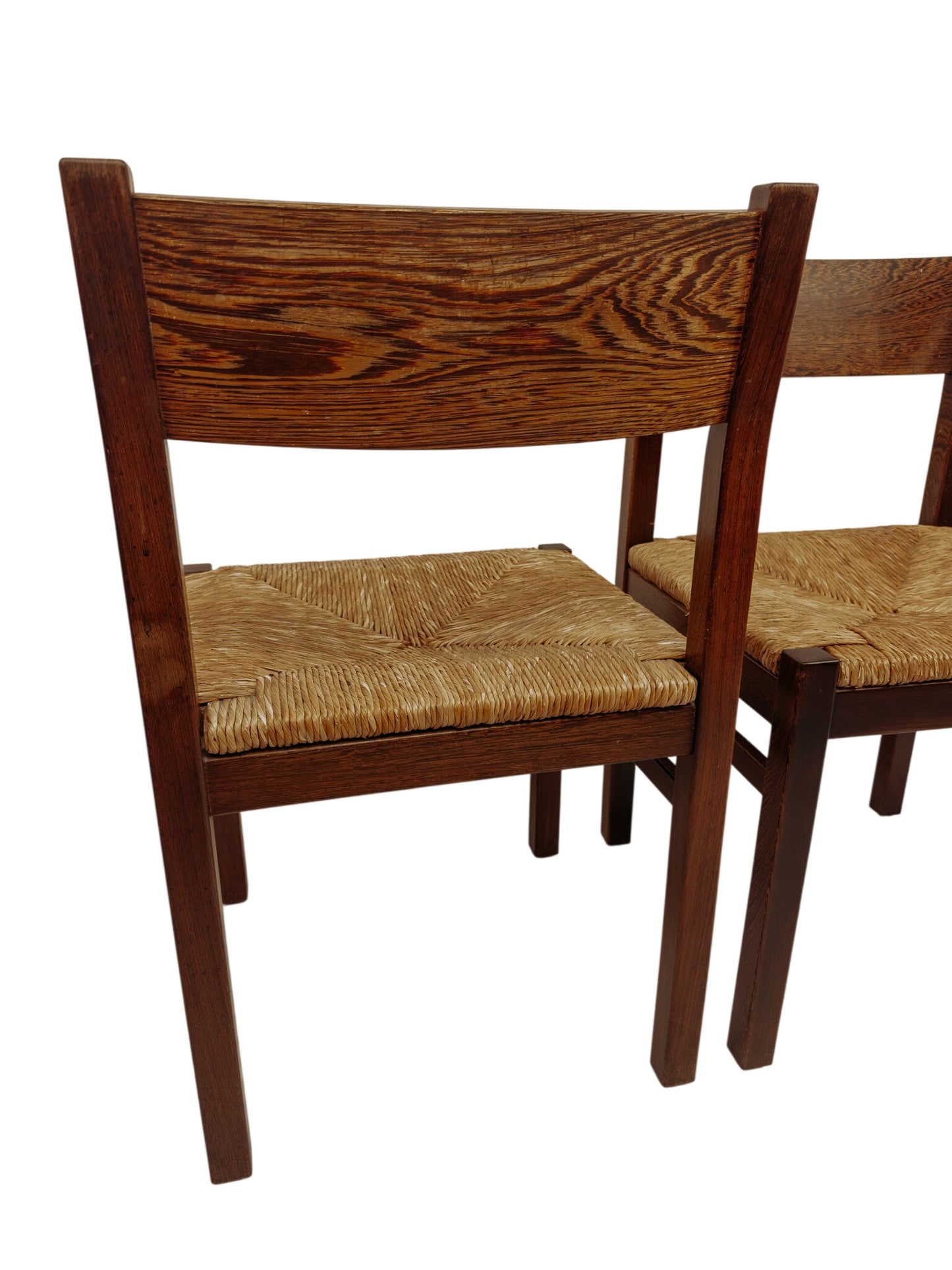 2x Vintage wengé houten eetkamerstoelen met gevlochten zitting