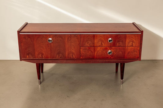 tessvintage 1960s mid-century rosewood veneer sideboard with round chrome handles and tapered legs