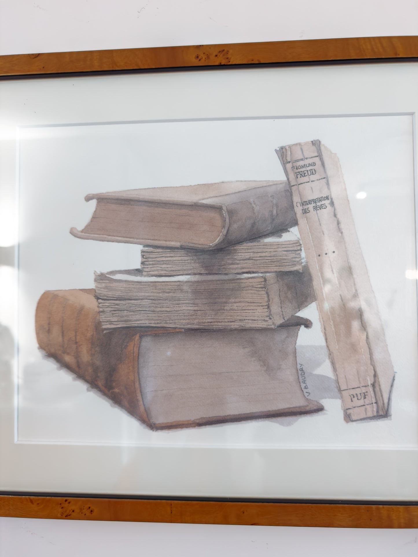 Aquarellen van boeken in burlwood lijst, set van 2