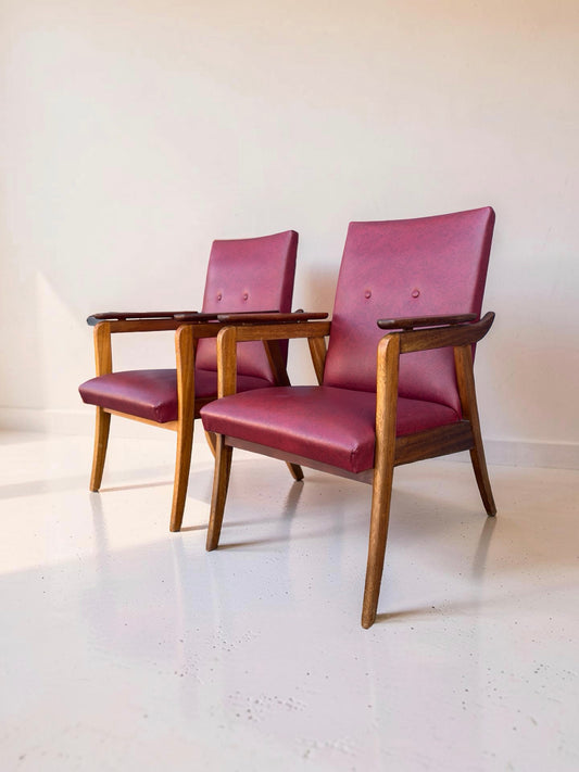 Set vintage design fauteuils – rood skai & teakhout (jaren ’60)