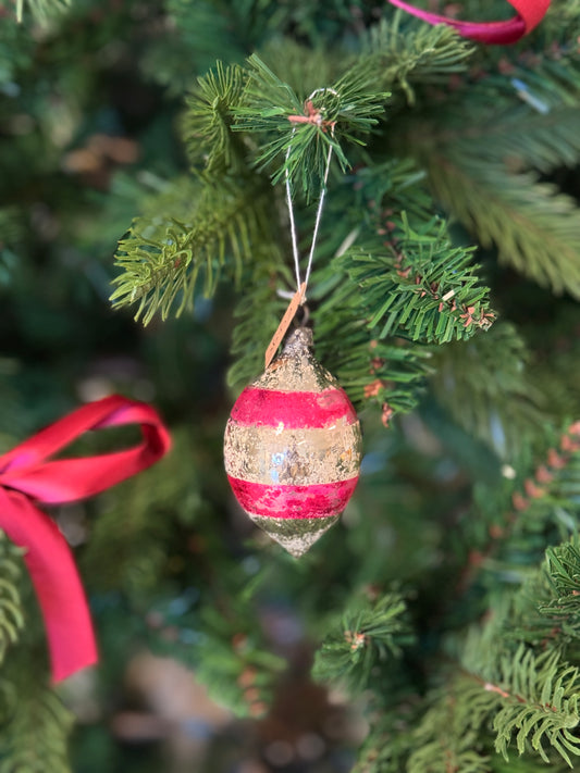 Vintage kerstbal zilveren/roze pegel mondgeblazen