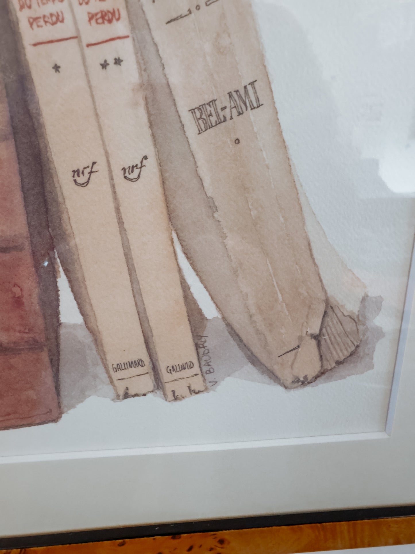 Aquarellen van boeken in burlwood lijst, set van 2