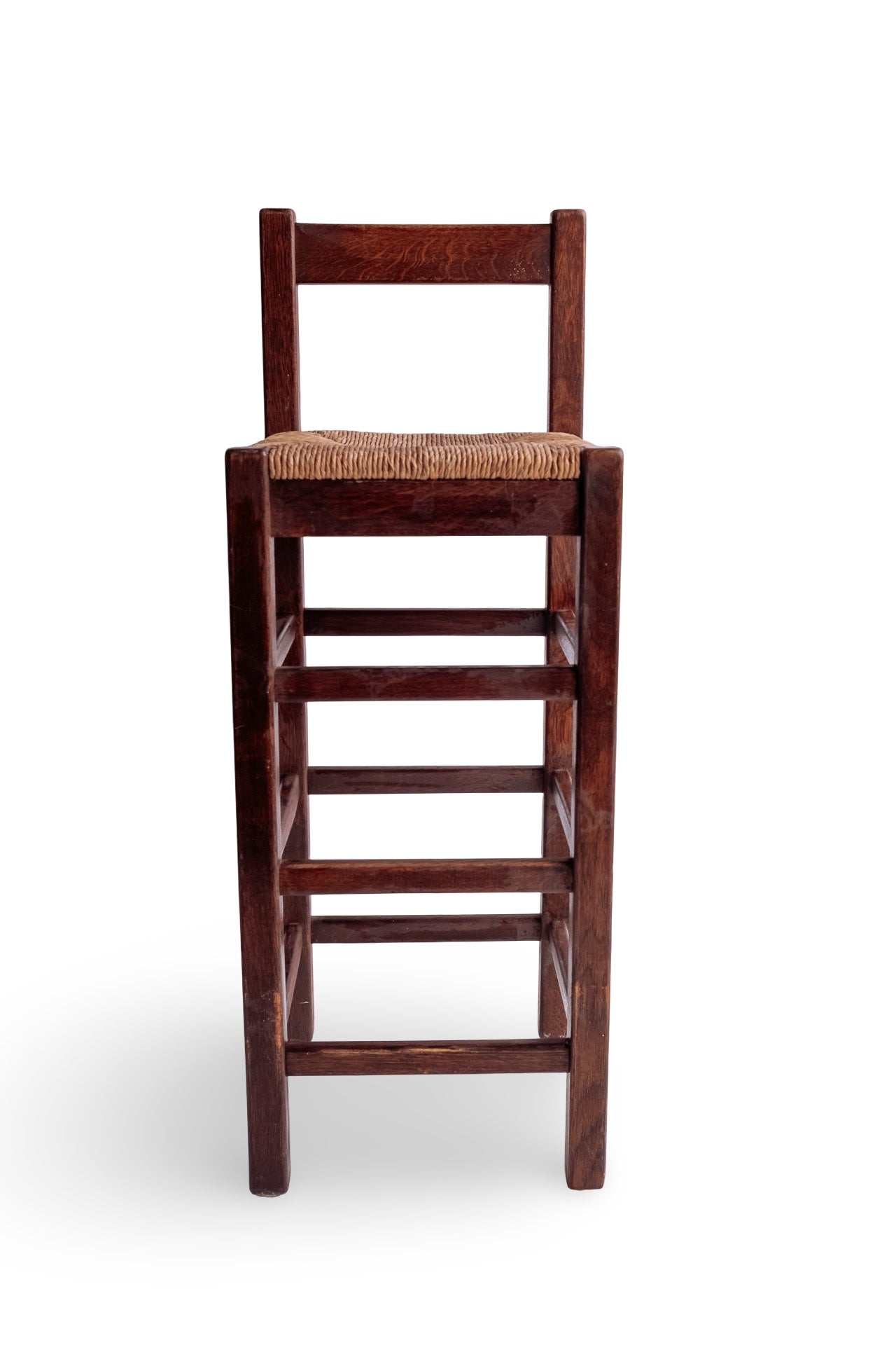 Vintage houten barkruk met met biezen zitting (4 stuks beschikbaar)