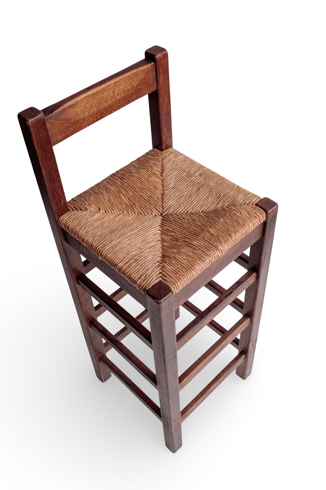 Vintage houten barkruk met met biezen zitting (4 stuks beschikbaar)