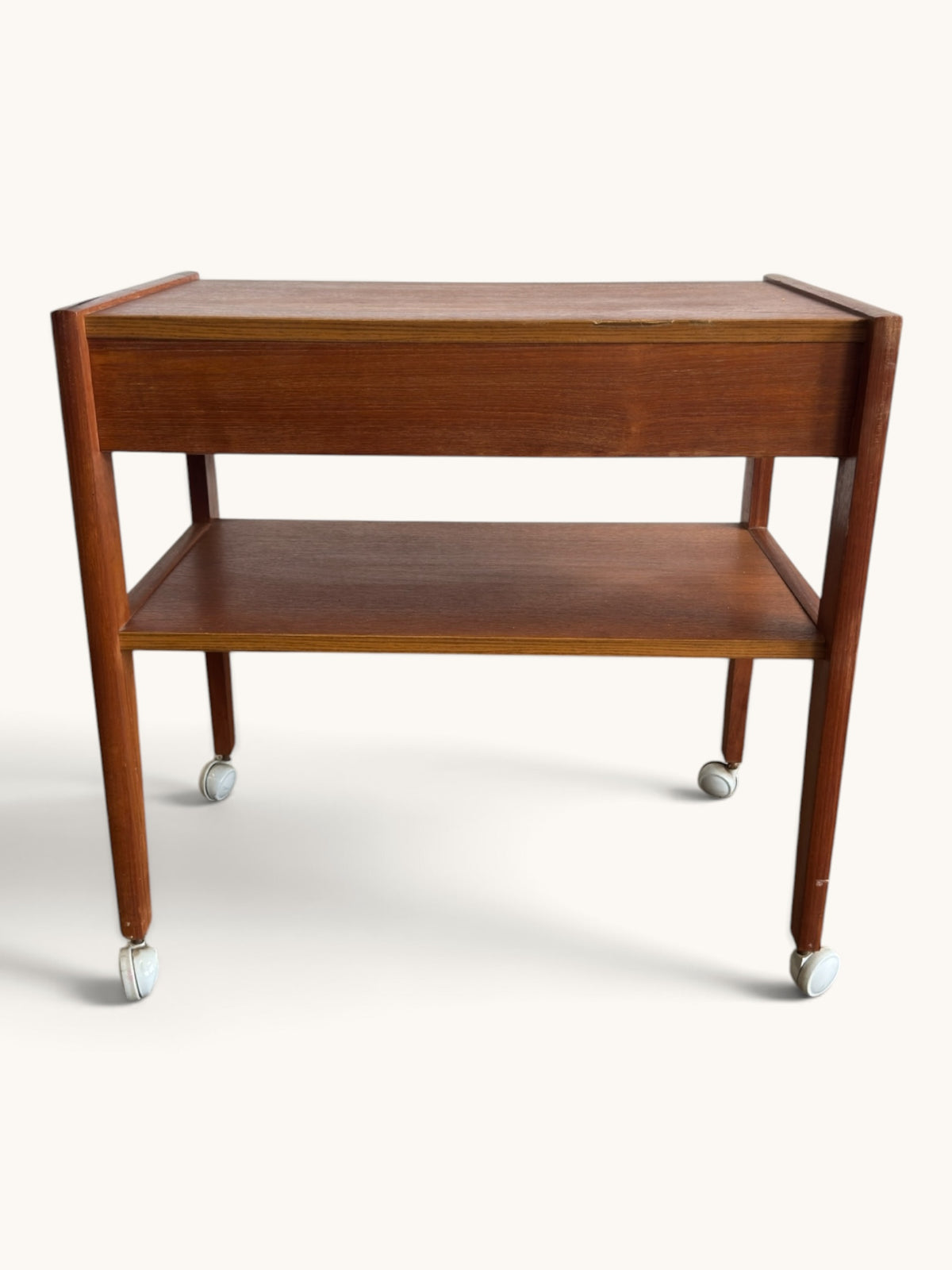 Deense vintage teak trolley op zwenkwieltjes met lade