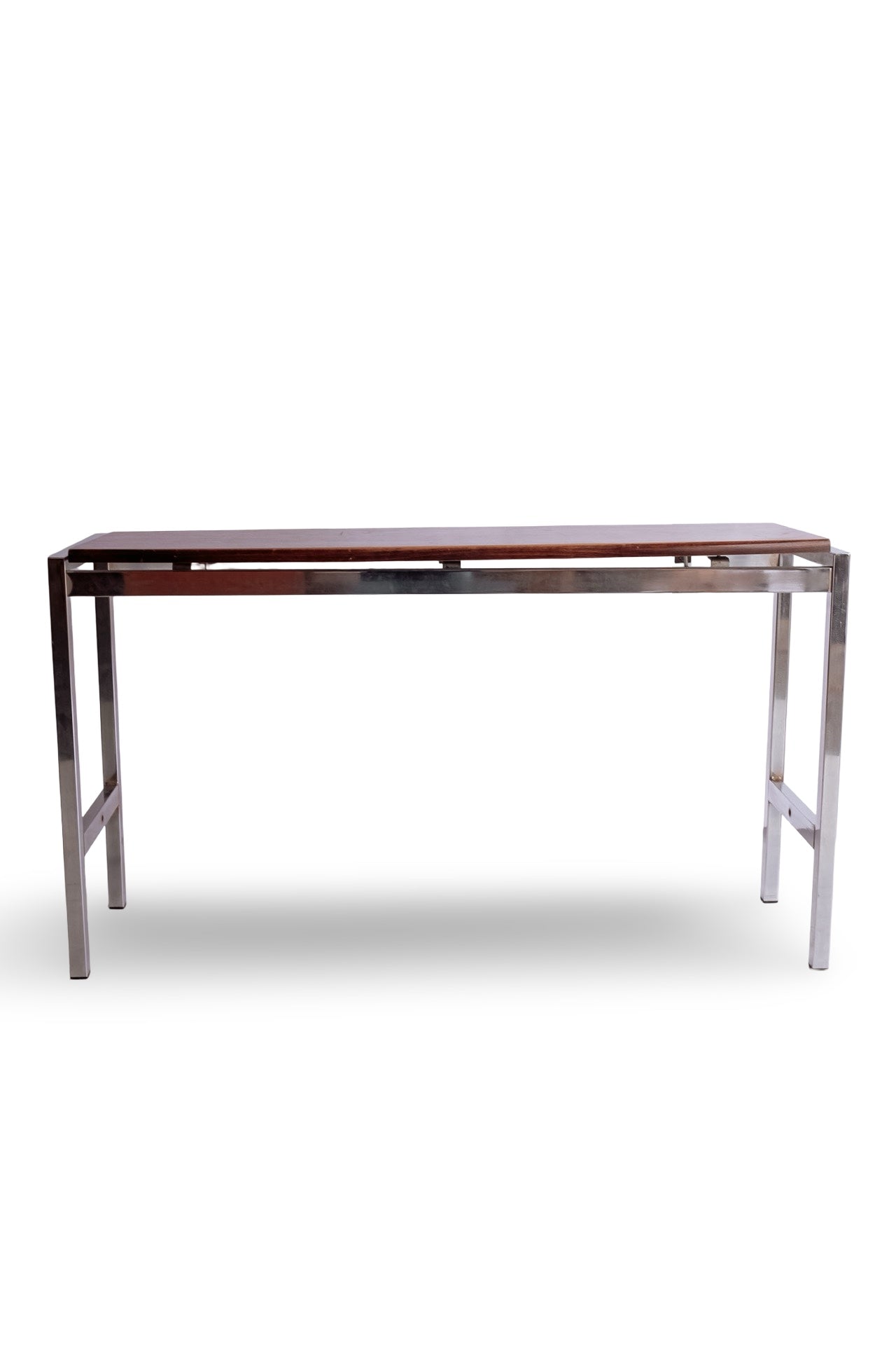 Vintage sidetable met chromen frame en zwevend houten blad