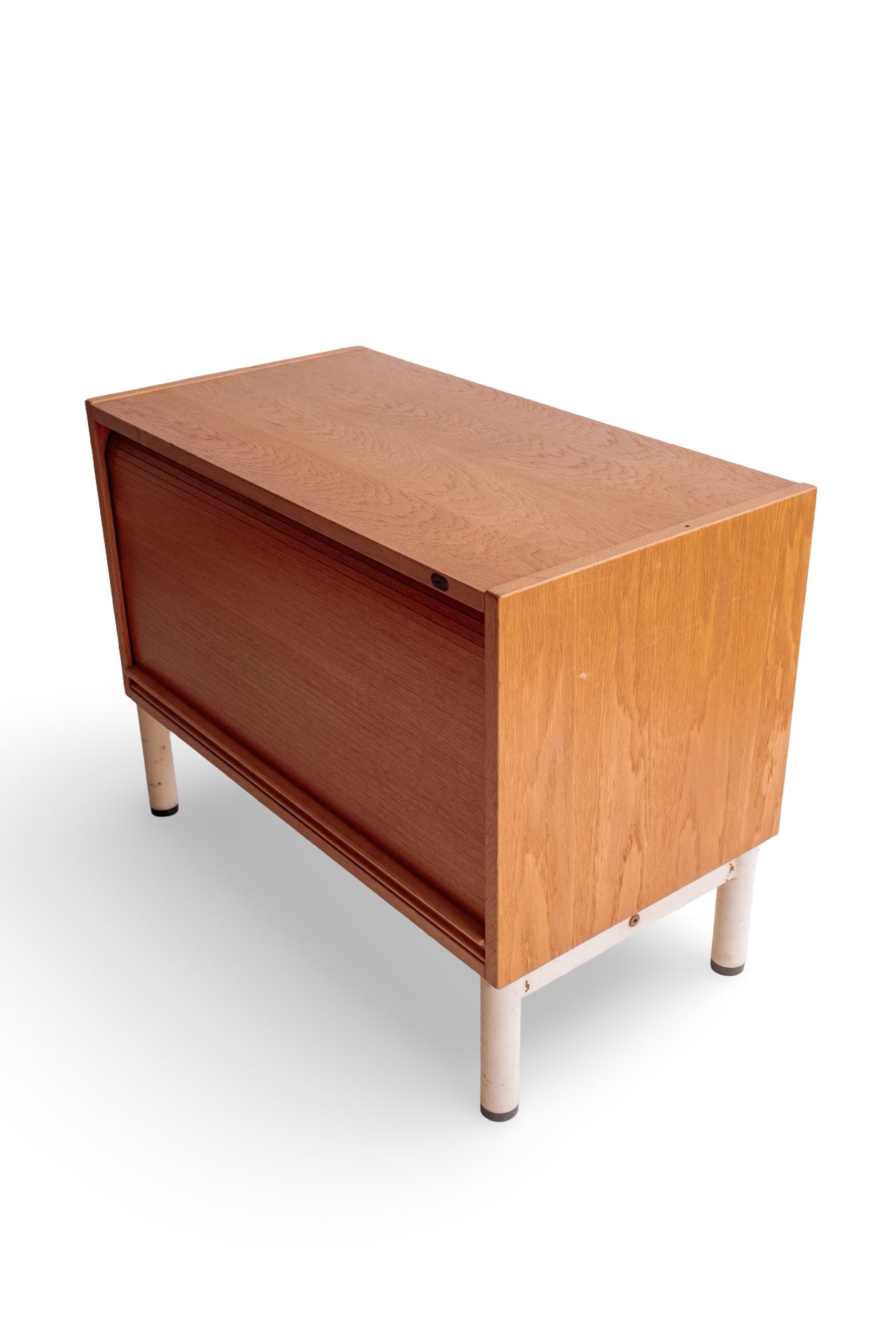 Vintage roldeur kastje met wit stalen onderstel