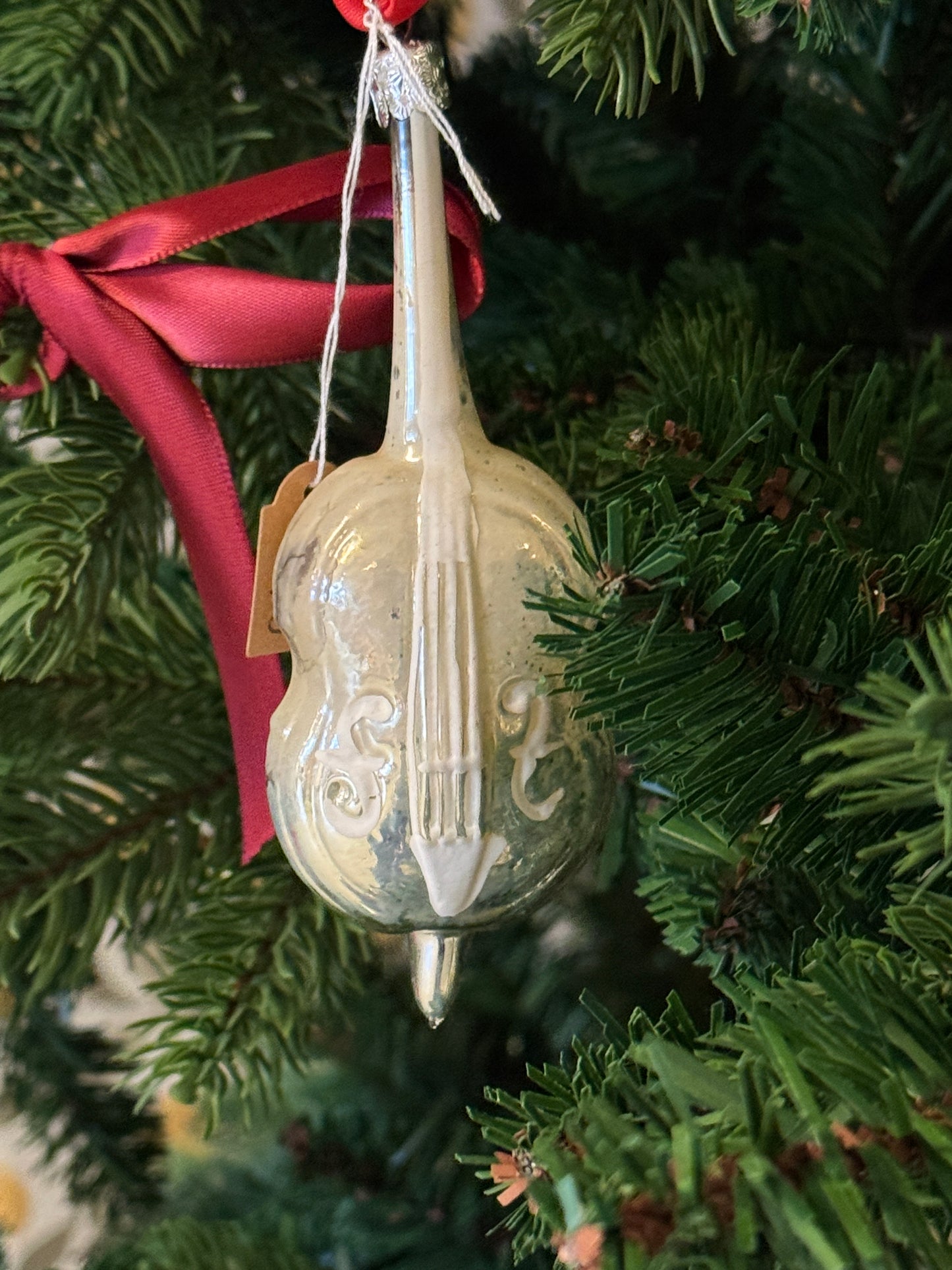 Vintage glazen viool kerstornament zilver