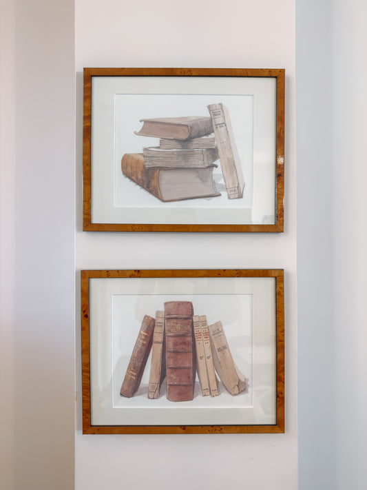 Aquarellen van boeken in burlwood lijst, set van 2