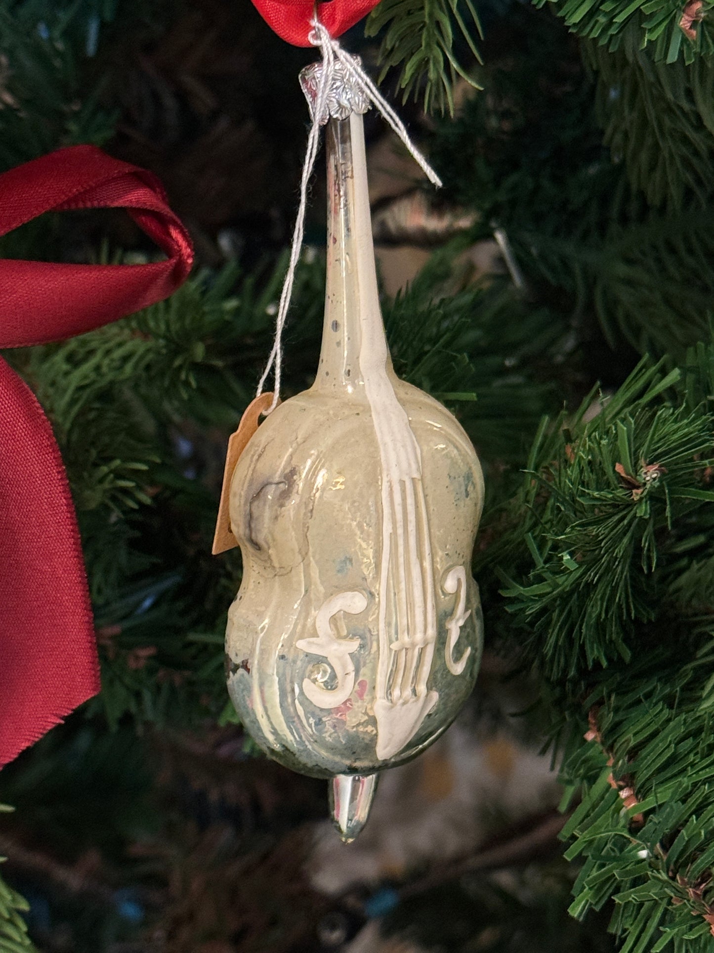 Vintage glazen viool kerstornament zilver