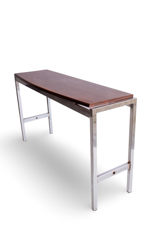 Vintage sidetable met chromen frame en zwevend houten blad