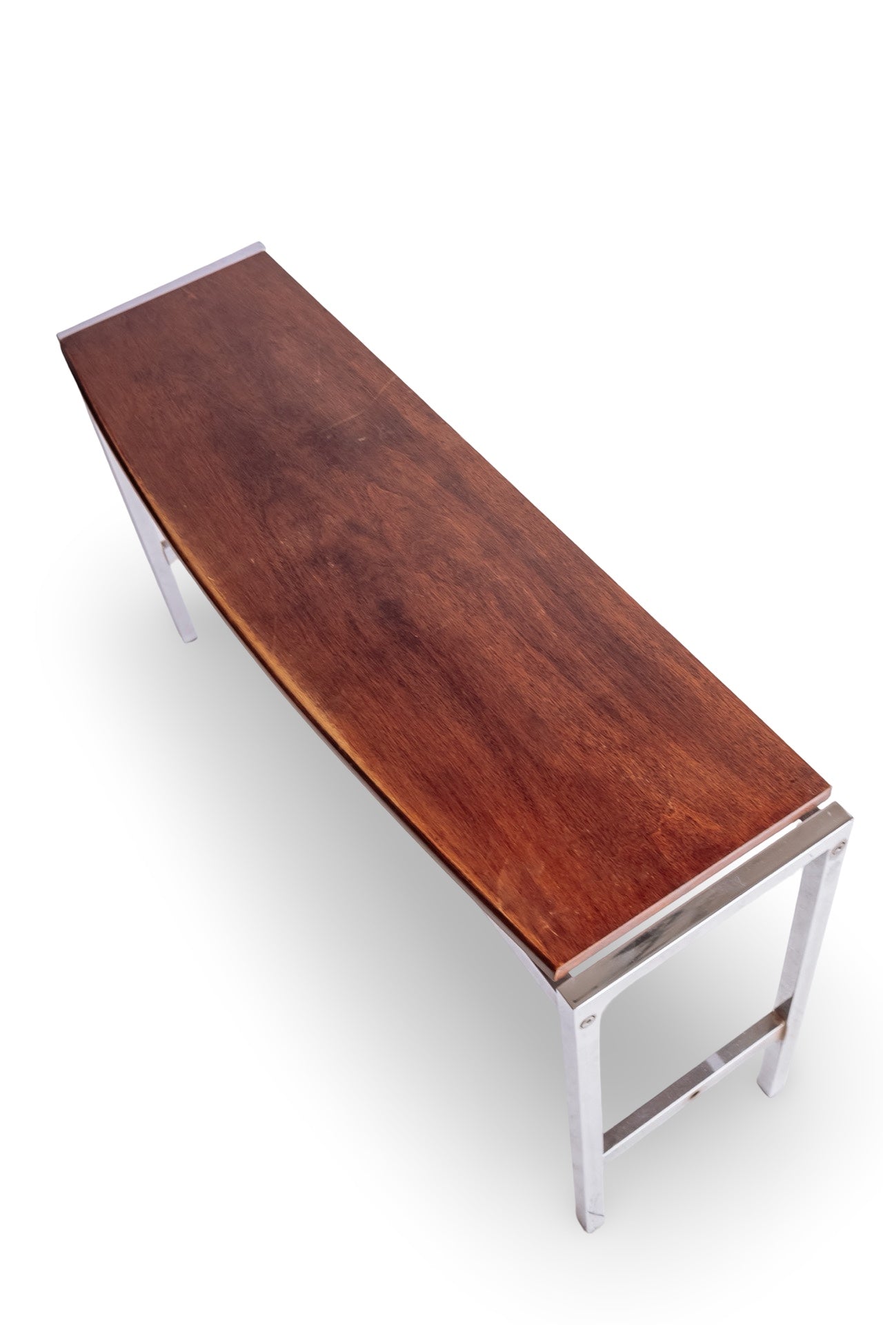 Vintage sidetable met chromen frame en zwevend houten blad