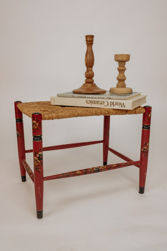 Wooden stool with burgundy papercord seat