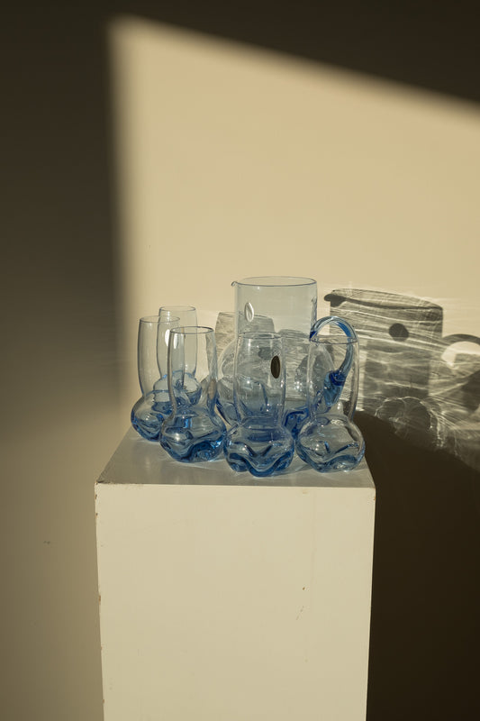 Blauwe "chubby" kristallen glazen set + karaf