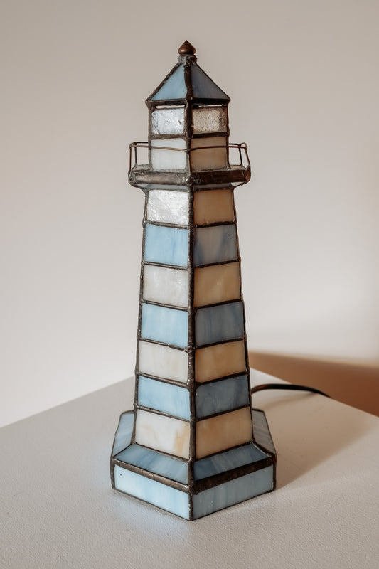 Vintage Tiffany vuurtorenlamp van glas-in-lood