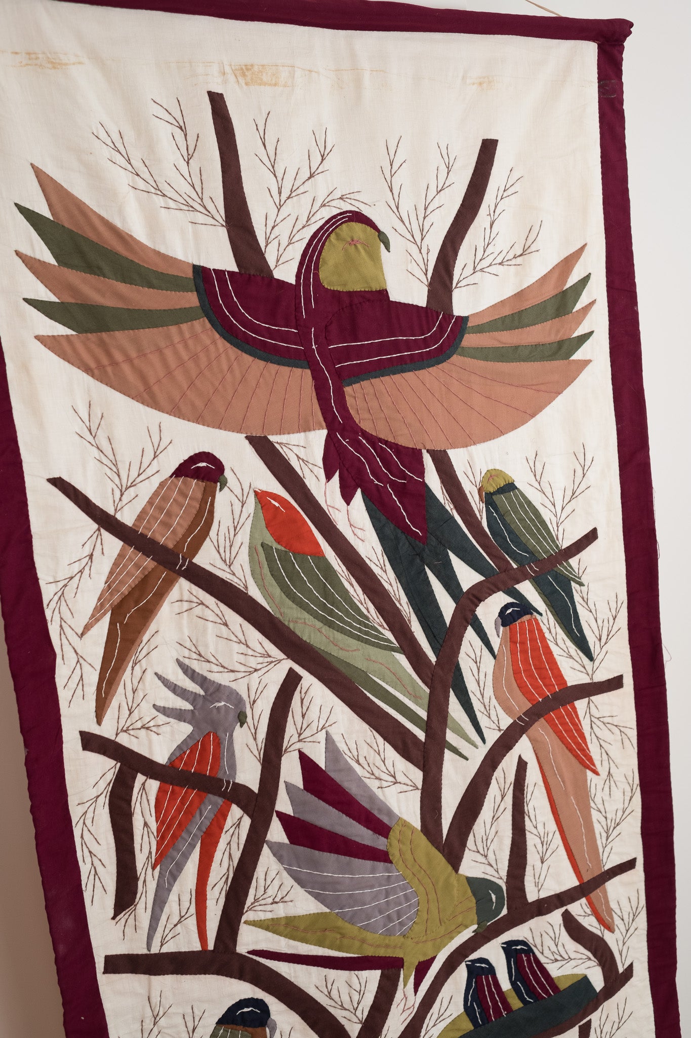 Handgemaakt quilted wandkleed met vogels (172x83cm)