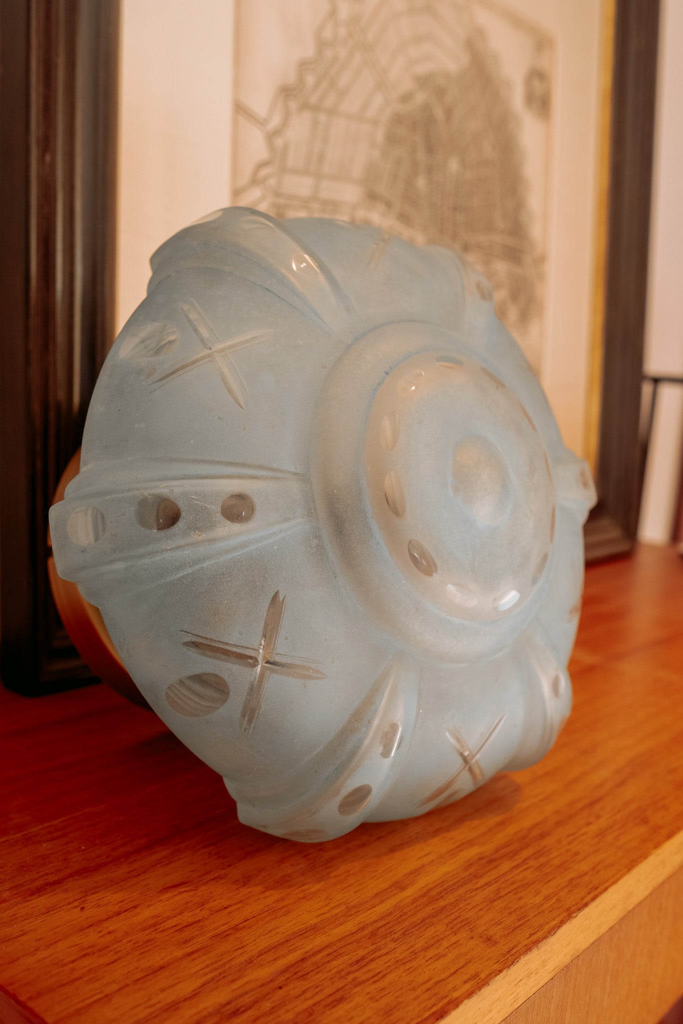Vintage lichtblauwe glazen plafondlamp met nieuwe armatuur