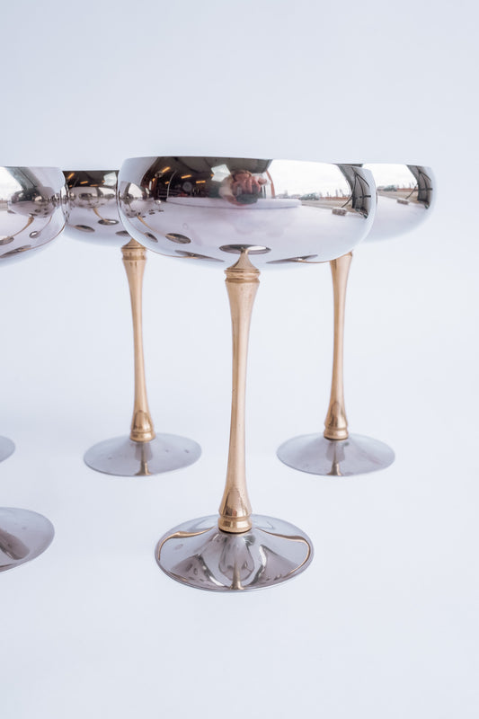 Set van 5 rvs Italiaanse champagne coupes met vergulde steel