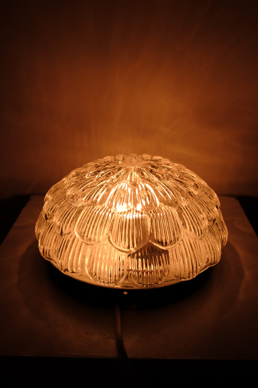Vintage plafondlamp ronde glazen bloem, jaren 70
