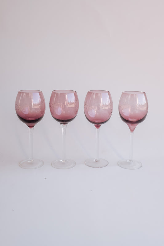 4 purple hand-blown wine glasses