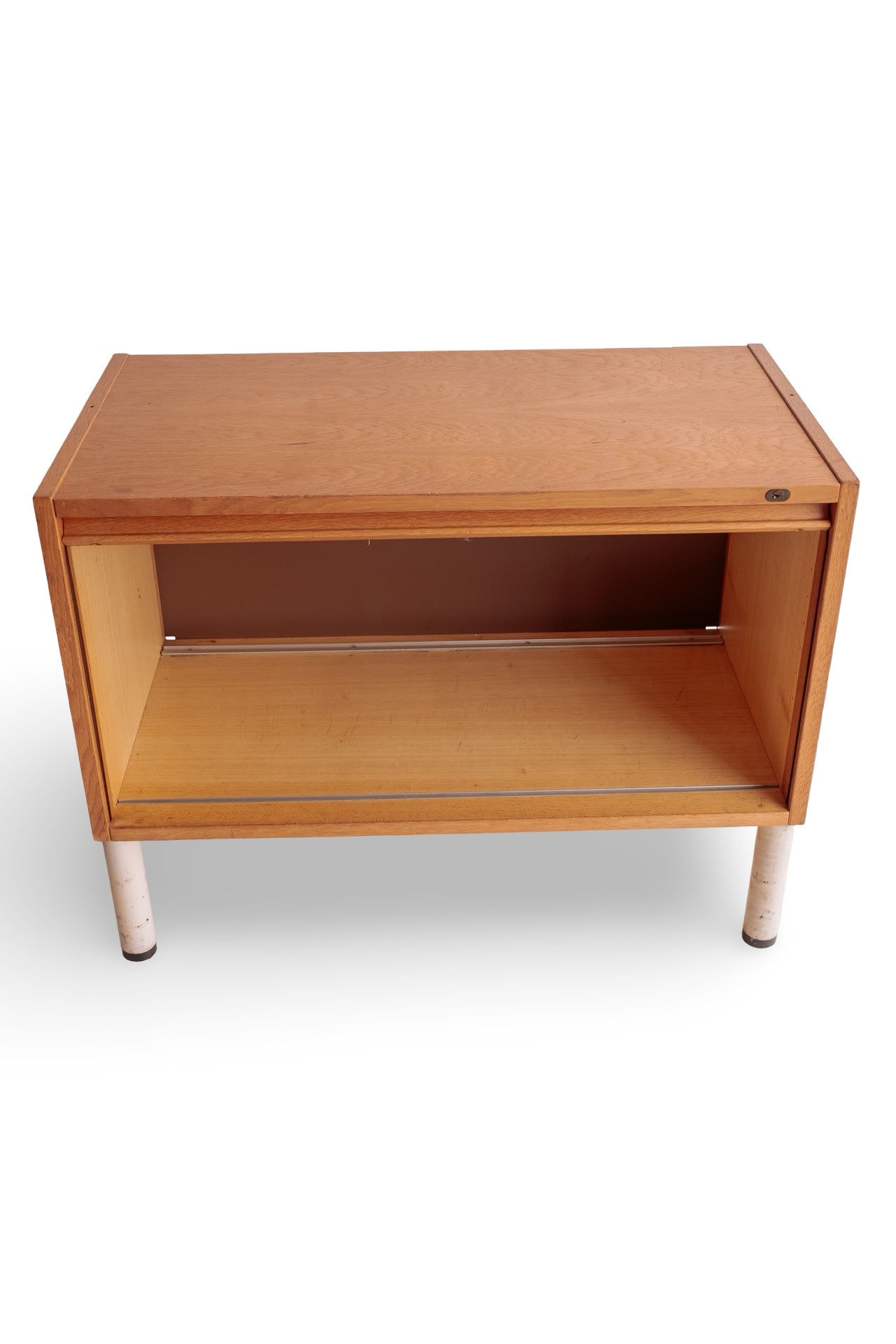 Vintage roldeur kastje met wit stalen onderstel