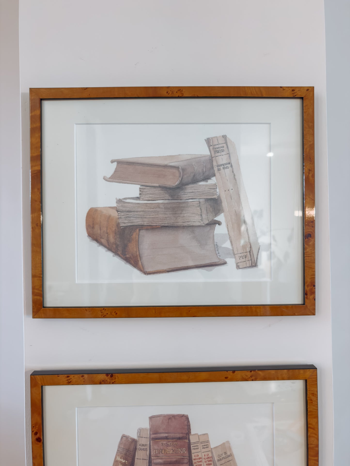 Aquarellen van boeken in burlwood lijst, set van 2