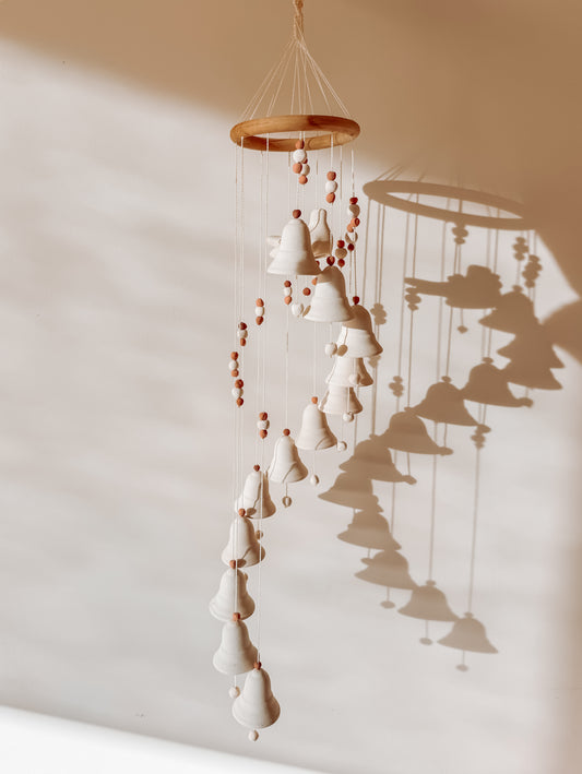 Keramieken windgong met vogeltje - vintage handgemaakte hanger - 68cm