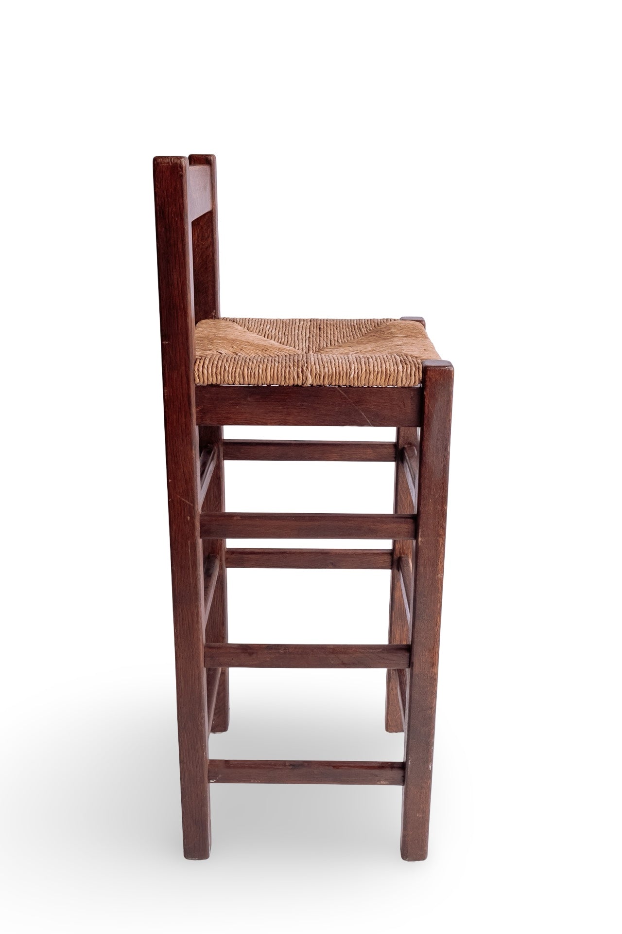 Vintage houten barkruk met met biezen zitting (4 stuks beschikbaar)