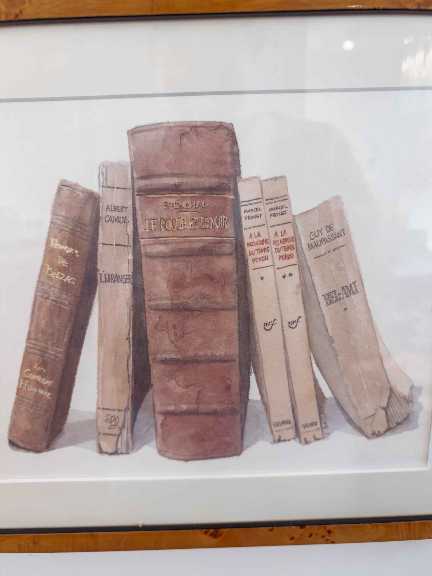 Aquarellen van boeken in burlwood lijst, set van 2