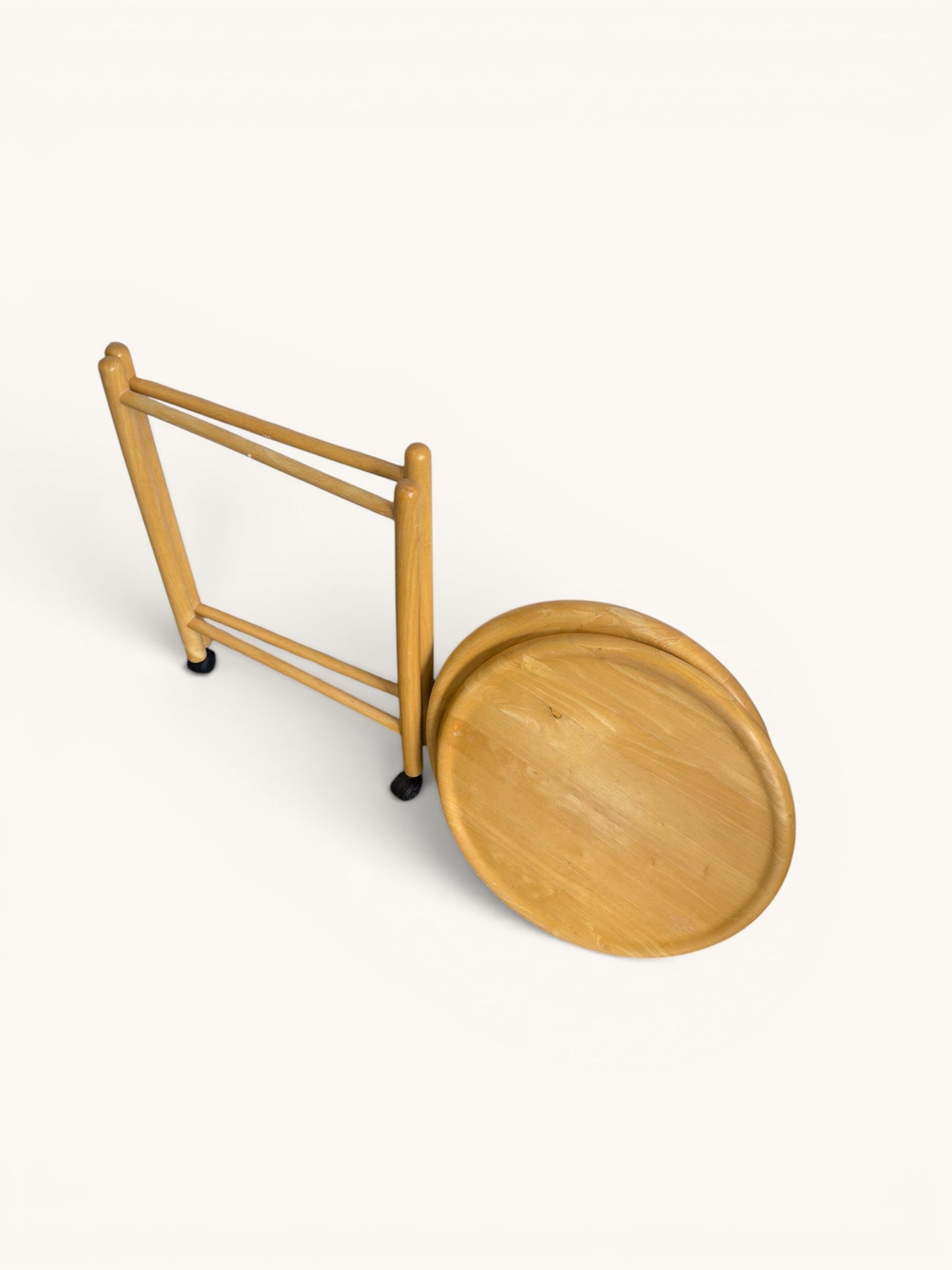 Ronde houten trolley op wieltjes van Jens Quistgaard, jaren 70