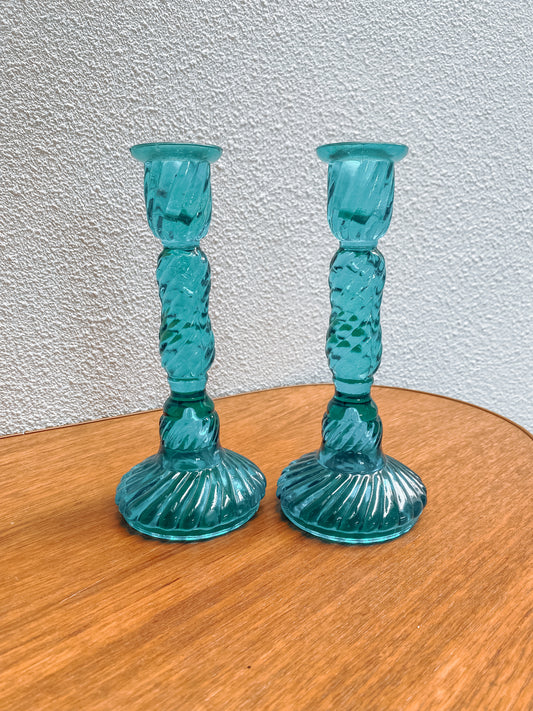 2 blue glass candlesticks