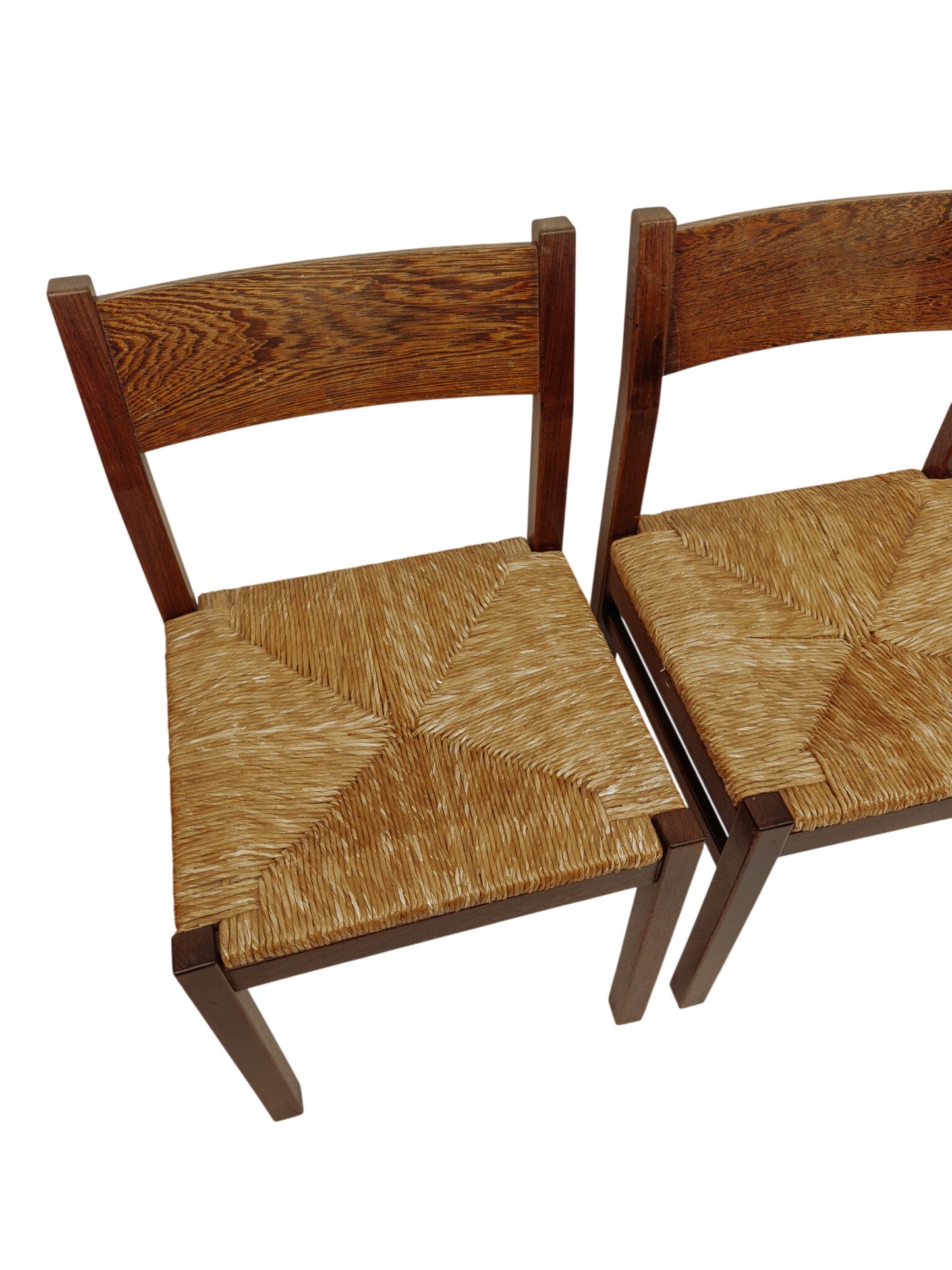 2x Vintage wengé houten eetkamerstoelen met gevlochten zitting