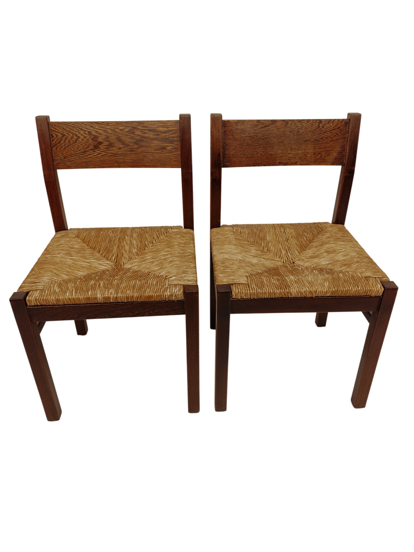 2x Vintage wengé houten eetkamerstoelen met gevlochten zitting