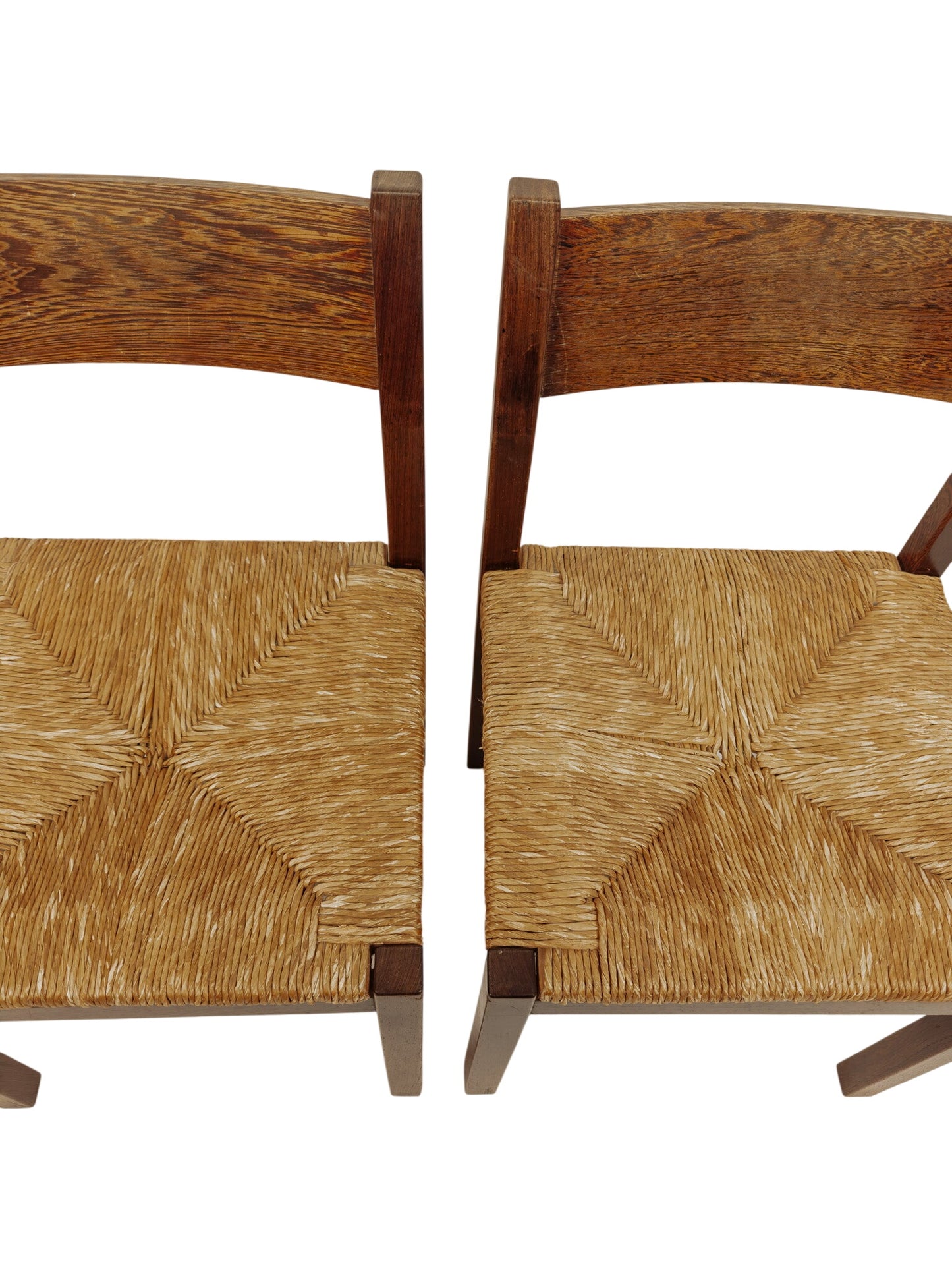 2x Vintage wengé houten eetkamerstoelen met gevlochten zitting