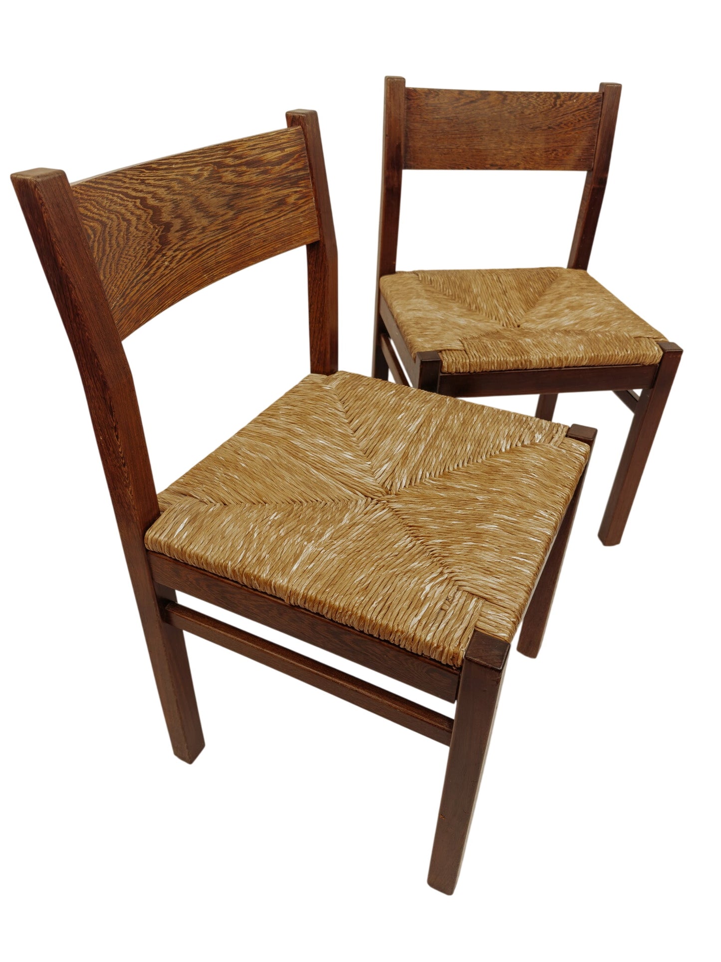 2x Vintage wengé houten eetkamerstoelen met gevlochten zitting