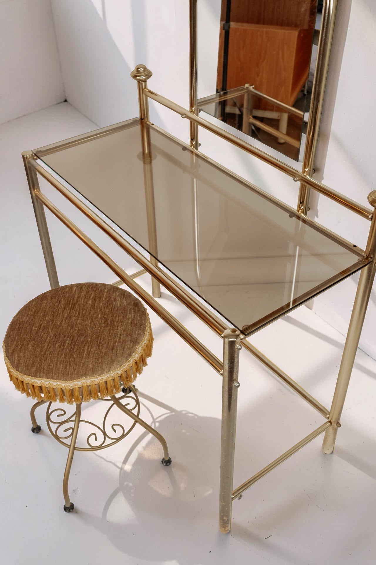 Vintage messing vanity kaptafel met krukje