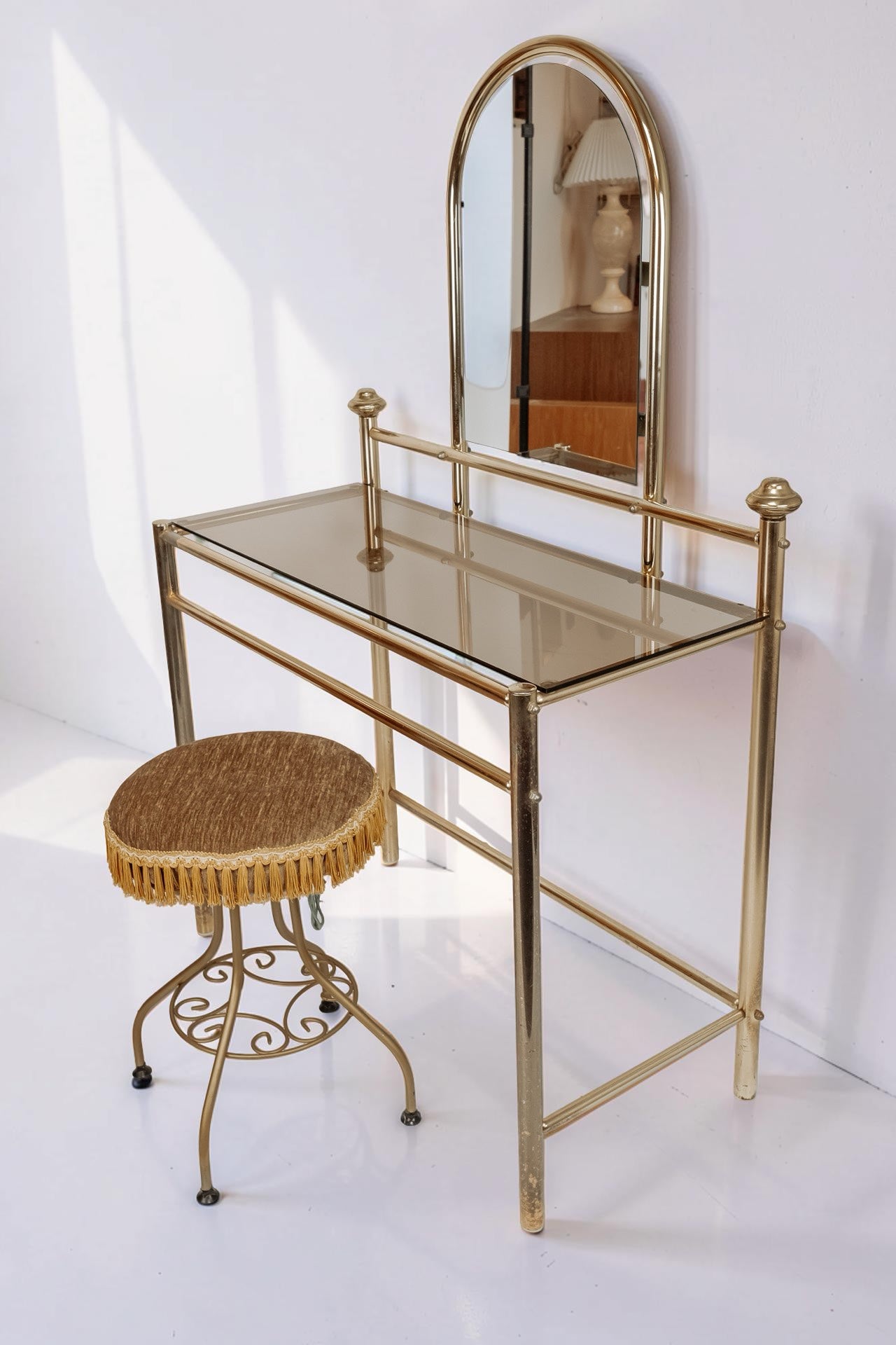 Vintage messing vanity kaptafel met krukje