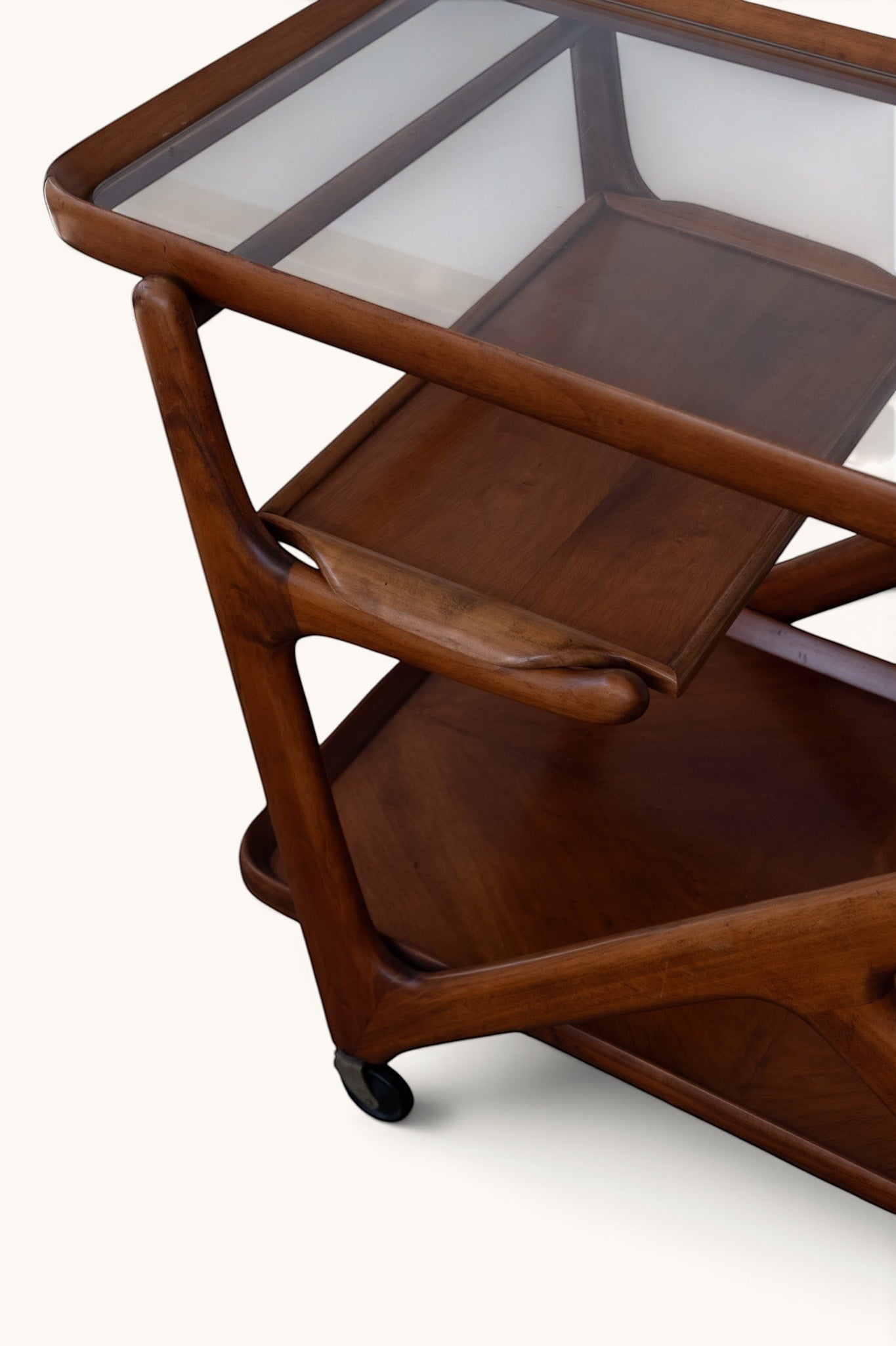 tessvintage mid-century modern Cesare Lacca bar cart in wood with glass top and Z-frame design