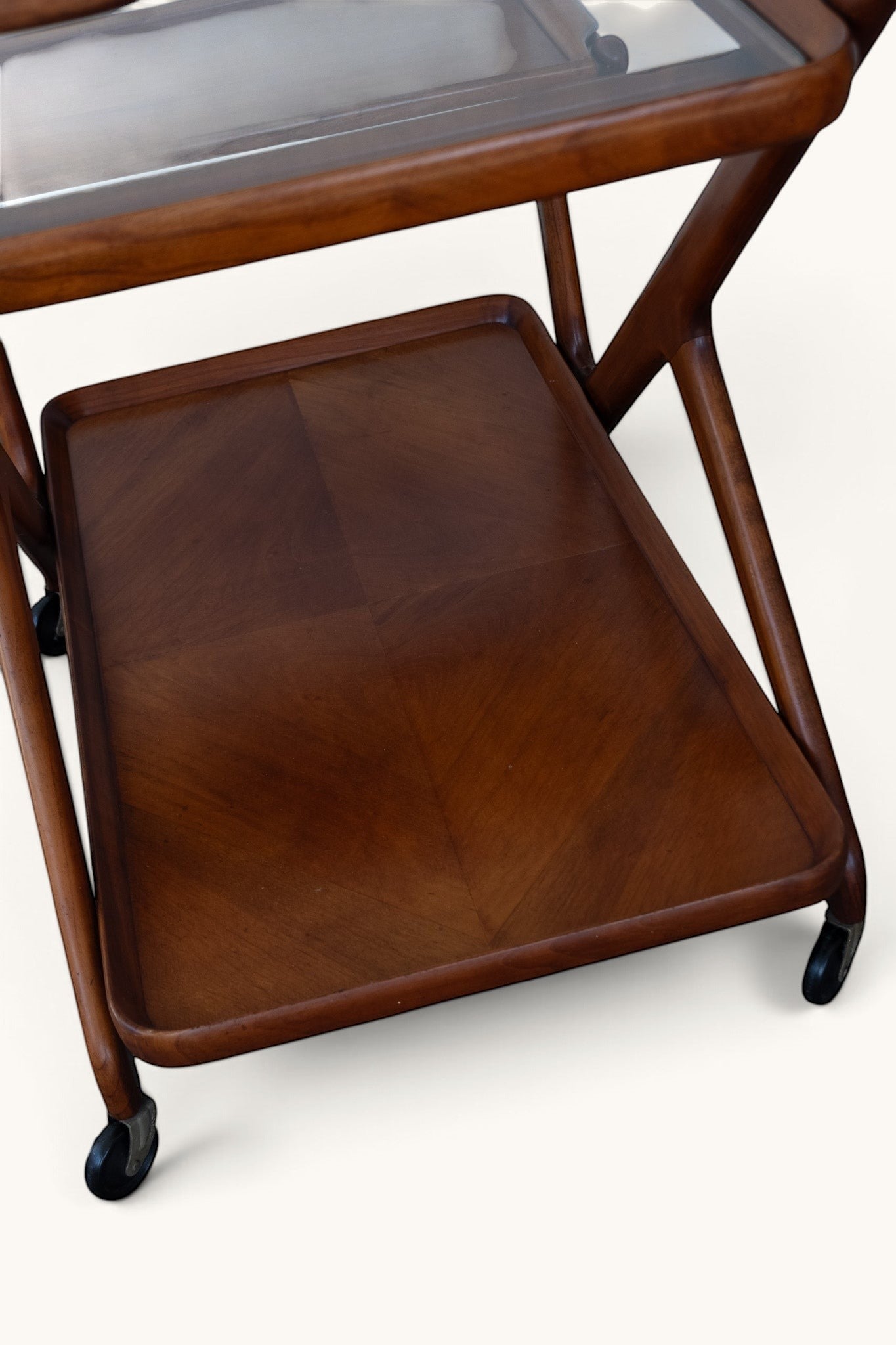tessvintage mid-century Cesare Lacca bar cart with Z-shaped wooden frame, glass top, and removable tray