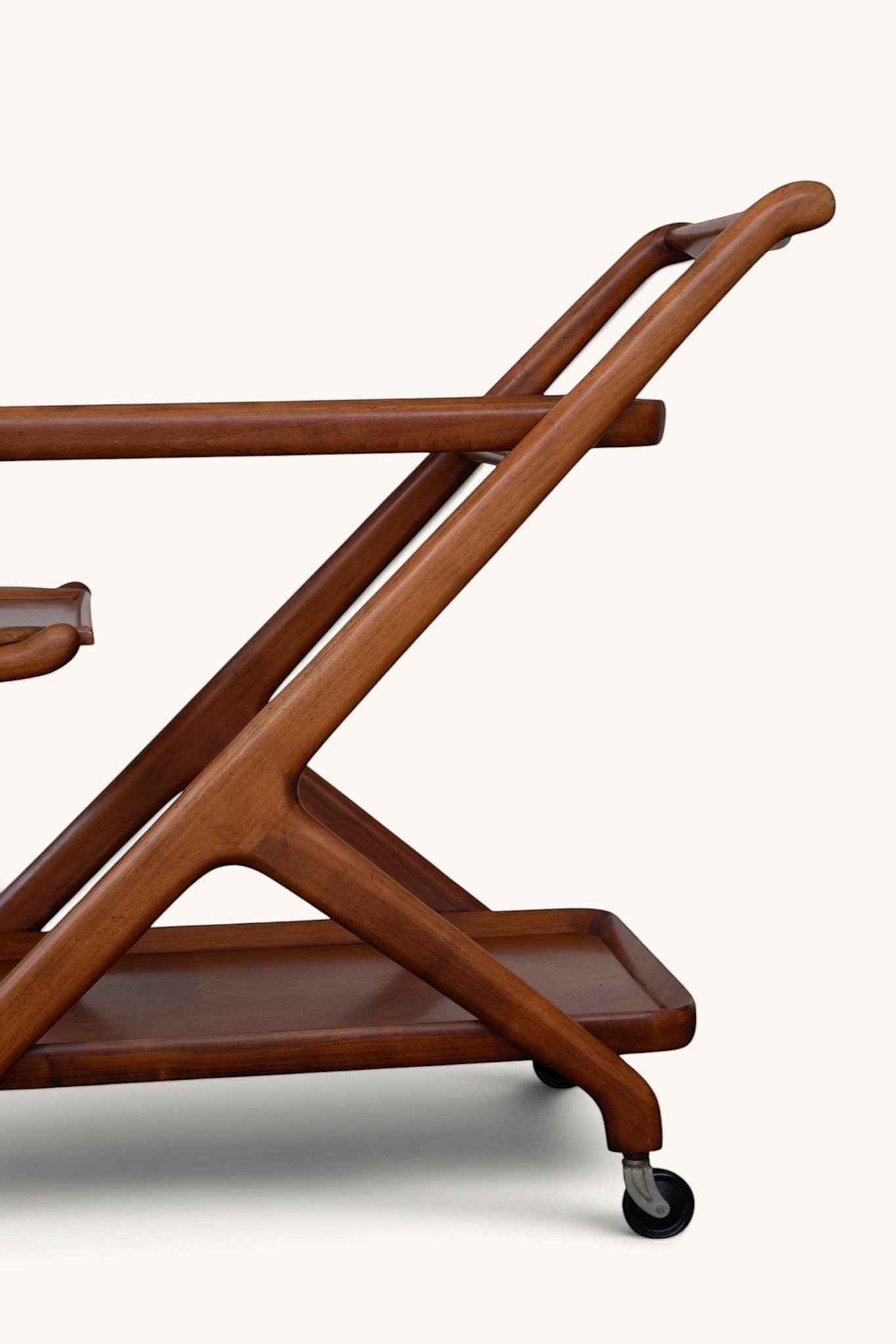 tessvintage Cesare Lacca mid-century modern wooden bar cart with iconic Z-frame design and rolling wheels