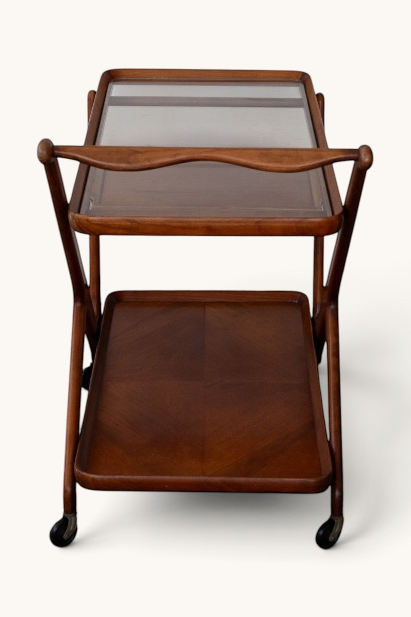 tessvintage Cesare Lacca mid-century wooden bar cart with Z-frame, glass top, and removable tray on wheels