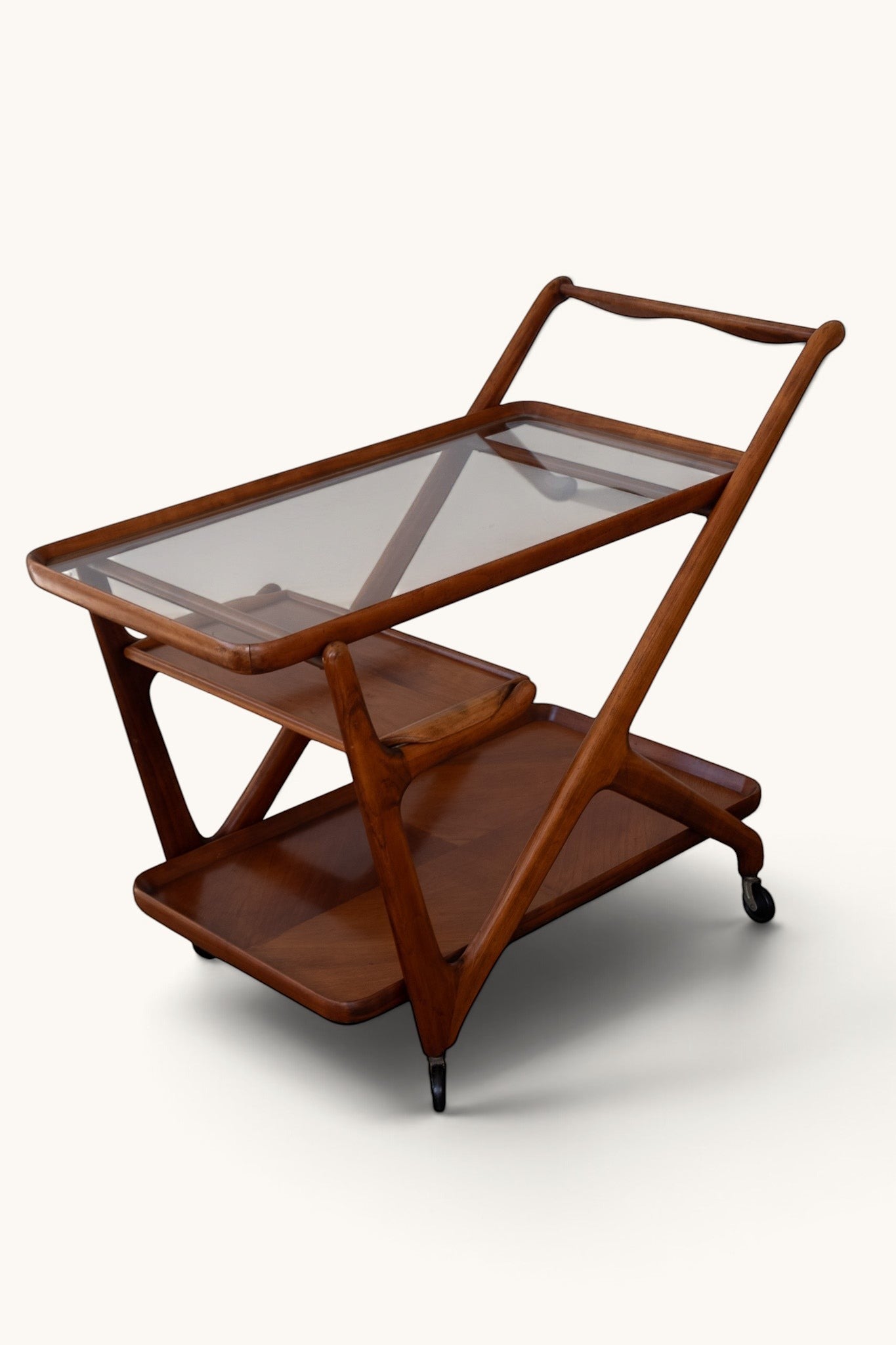 tessvintage Cesare Lacca mid-century wooden bar cart with Z-frame, glass top, and removable tray on wheels