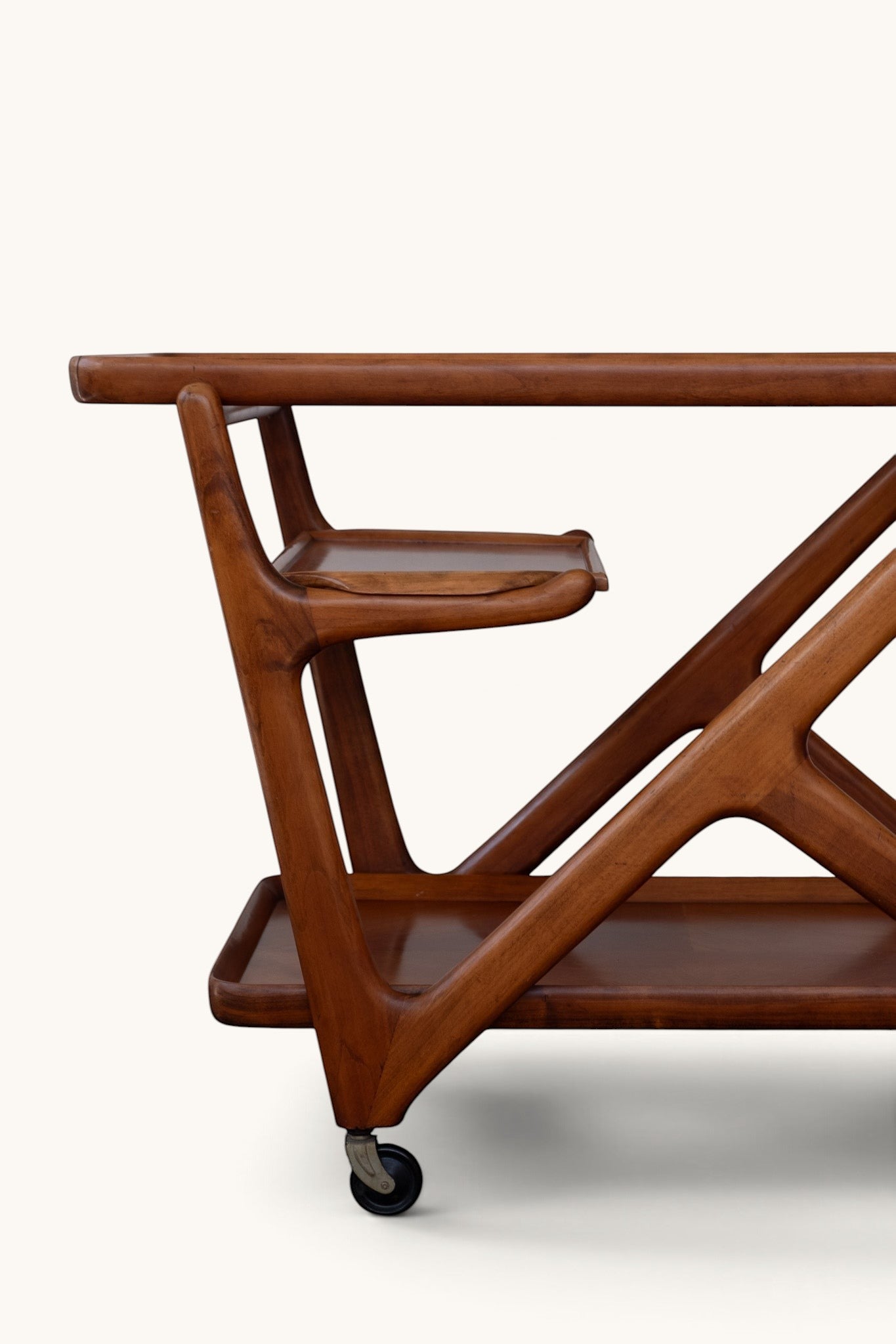 tessvintage mid-century modern wooden bar cart by Cesare Lacca for Cassina with iconic Z-frame and tiered shelves
