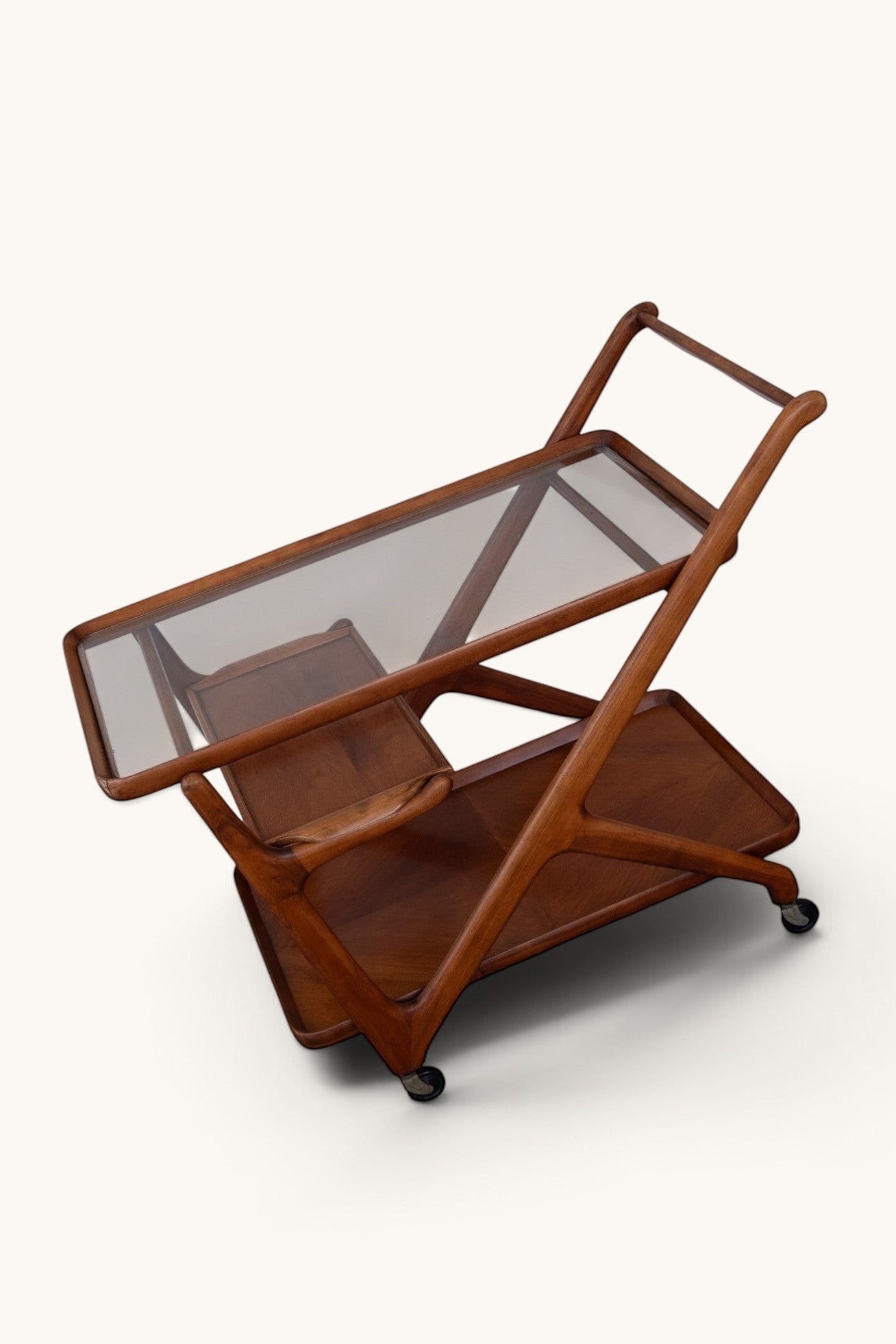 tessvintage mid-century Cesare Lacca bar cart in wood with Z-frame, glass top, and removable tray on wheels