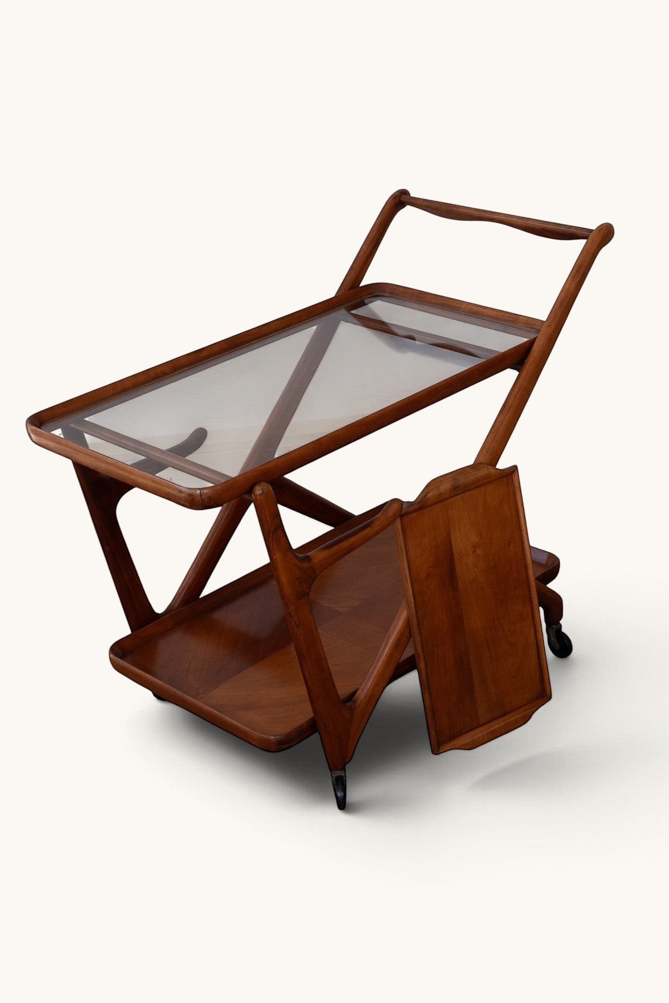 tessvintage Cesare Lacca mid-century wooden bar cart with Z-frame, glass top, and removable tray on wheels