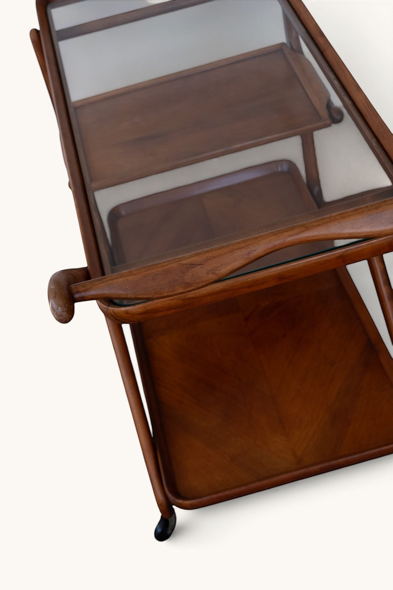 tessvintage Cesare Lacca mid-century wooden bar cart with glass top and Z-frame design